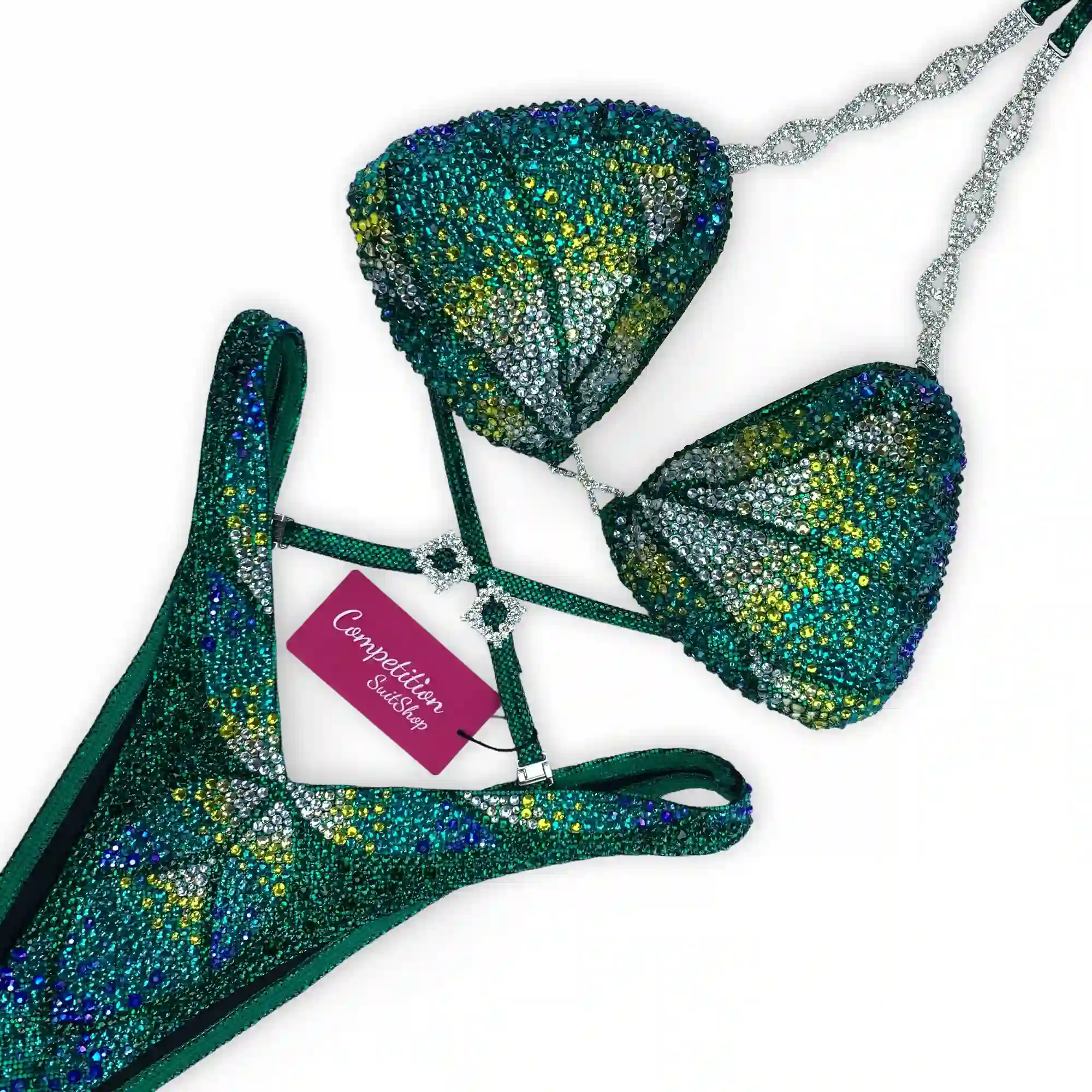 Green Yellow Sparkle Figure Competition Suit F1039