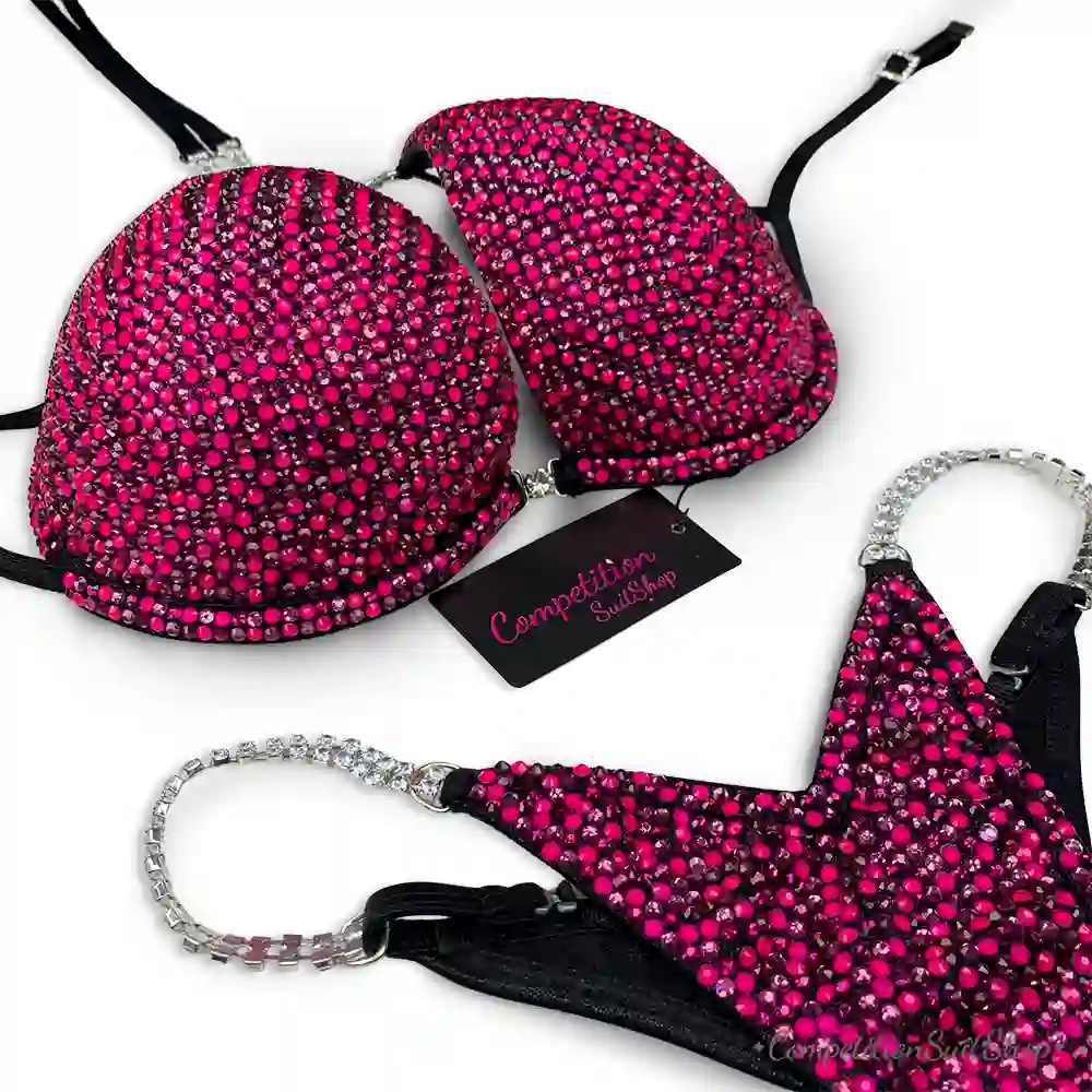 Neon Pink on Black Competition Bikini Suit (B164)