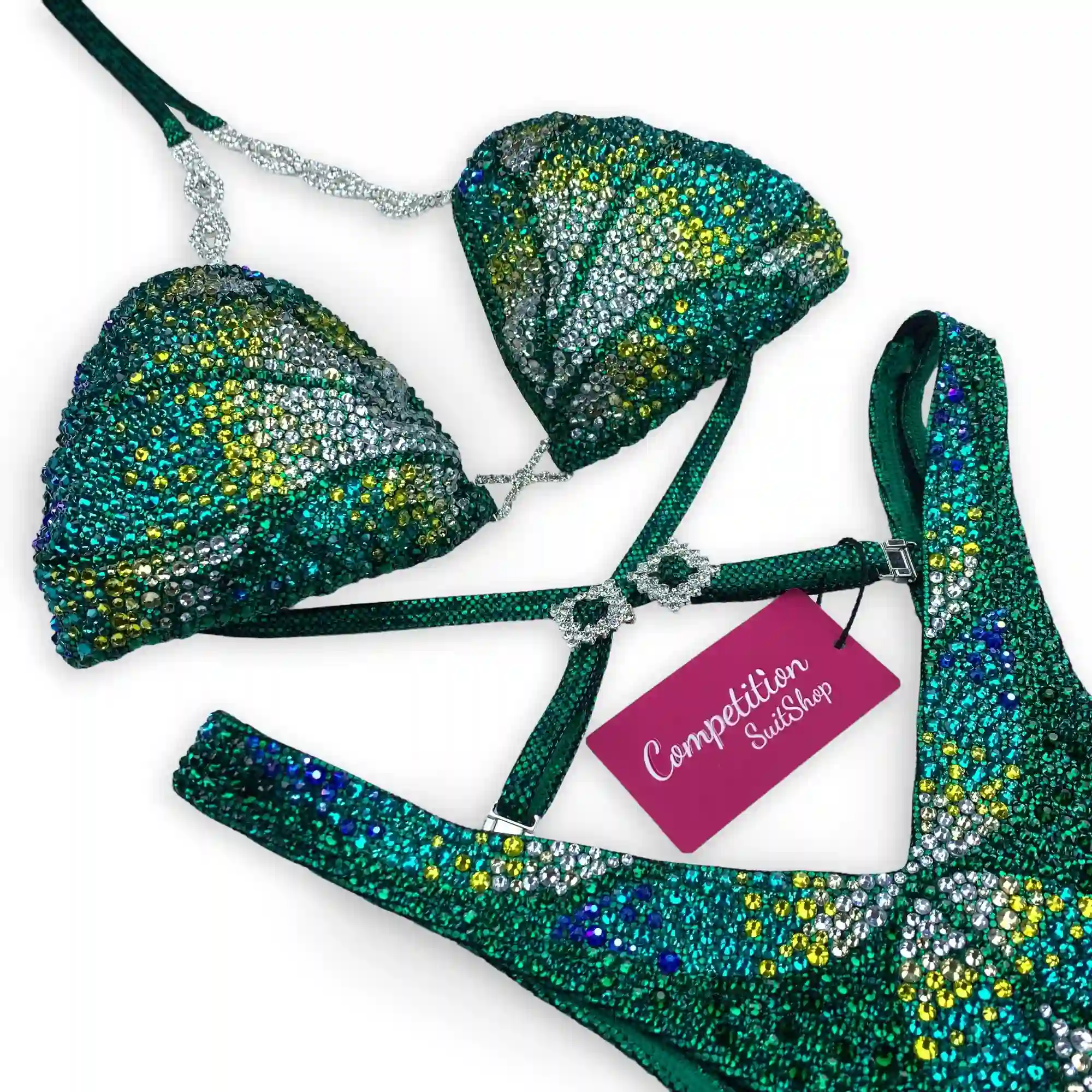 Green Yellow Sparkle Figure Competition Suit F1039