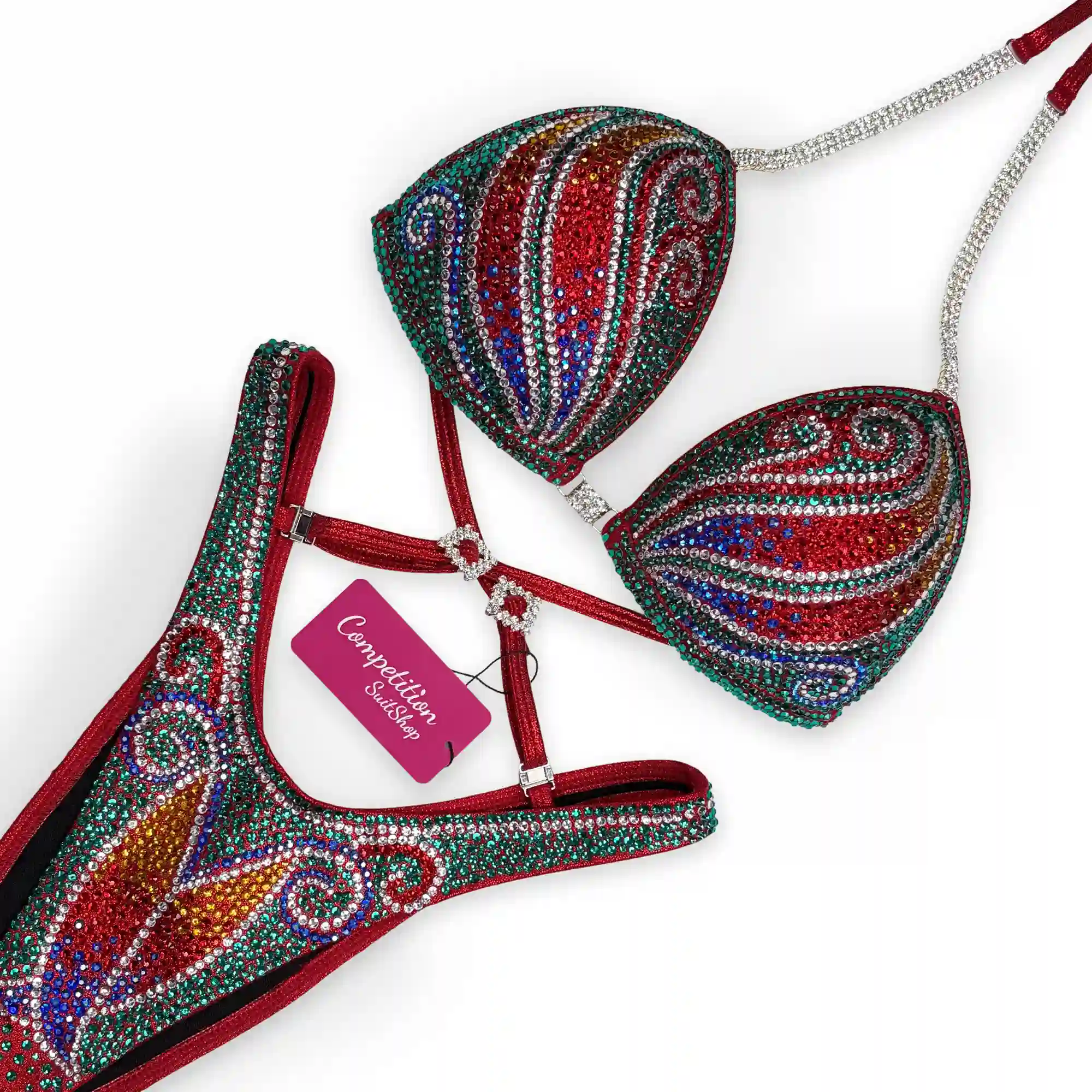 Red Peacock Swirl Figure Competition Suit FM1035-2